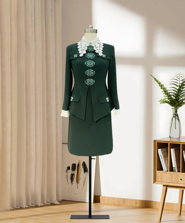 Winter Fashion Elegant Green Heavy Industry Women's Beaded Fake Two Piece Dress