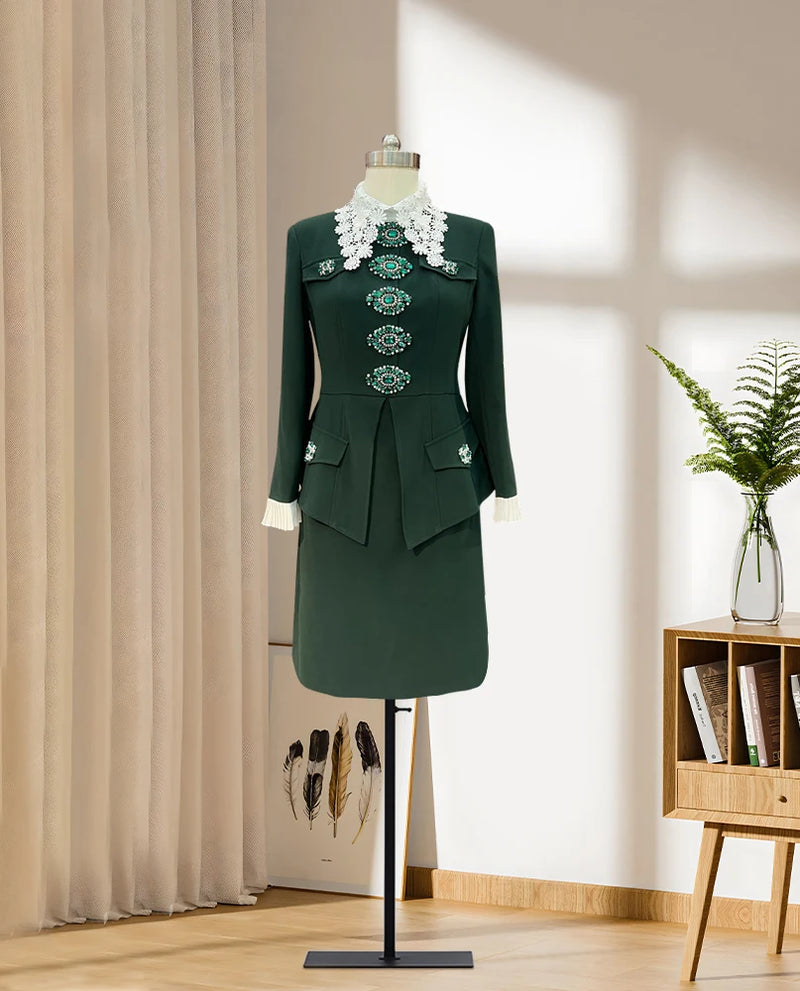 Winter Fashion Elegant Green Heavy Industry Women's Beaded Fake Two Piece Dress