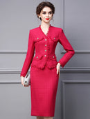 Winter Fashion Rose Red Set Women's Fashionable Hip Wrap Skirt Fashionable Tassel Wool Coat