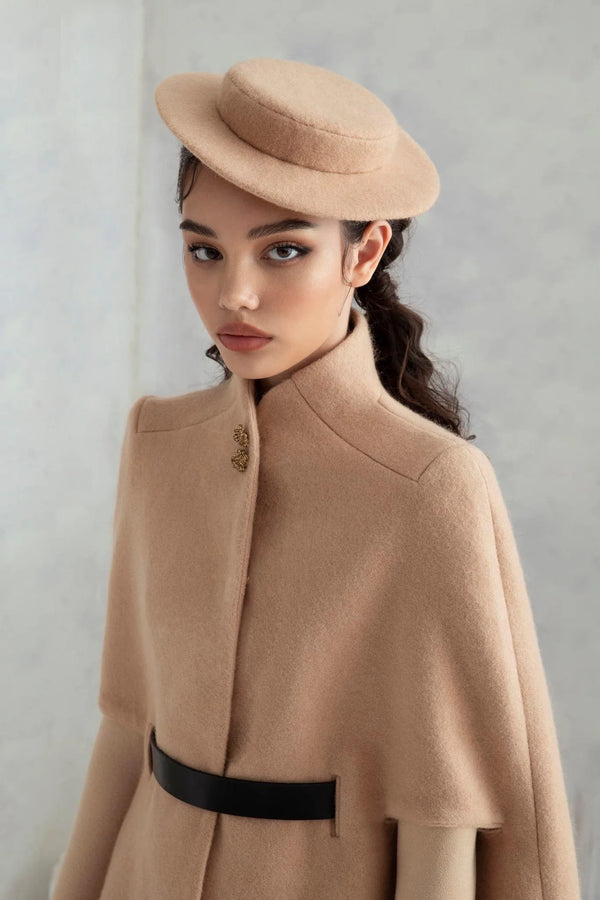 Winter Cashmere Wool Camel Color Slim Looking Fancy Cape Unique Winter Outwear