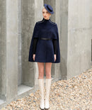 Winter Cashmere Wool Black and Navy with Pearl on Shoulder Slim Looking Fancy Cape Unique Winter Outwear