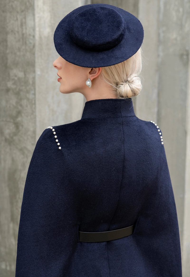 Winter Cashmere Wool Black and Navy with Pearl on Shoulder Slim Looking Fancy Cape Unique Winter Outwear