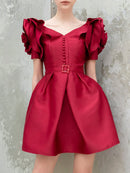 Women Short Sleeve V-neck Red Chiffon Short Sashes Nylon or Cotton A Line Dress Red Dresses for Woman Party Dress