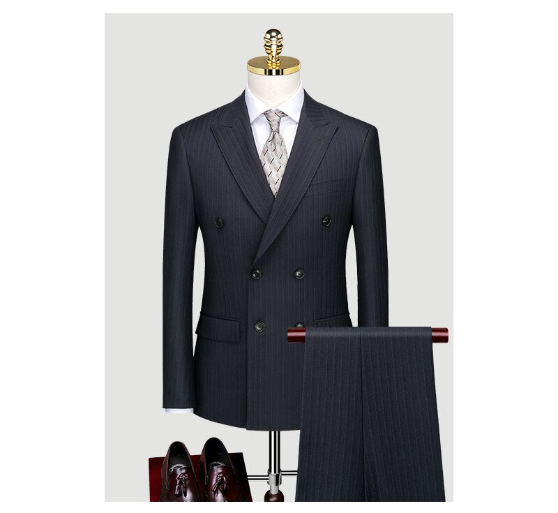 Wool Suit Men's Business Leisure Bridegroom's Wedding Custom Stripe Double Breasted Suit Men's Suit