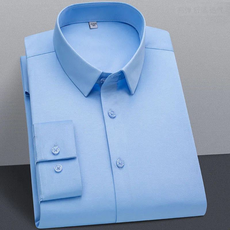 Wrinkle Resistant Business Casual Men's Shirt Gentleman's Solid Color Slim Fitting Long Sleeved Shirt
