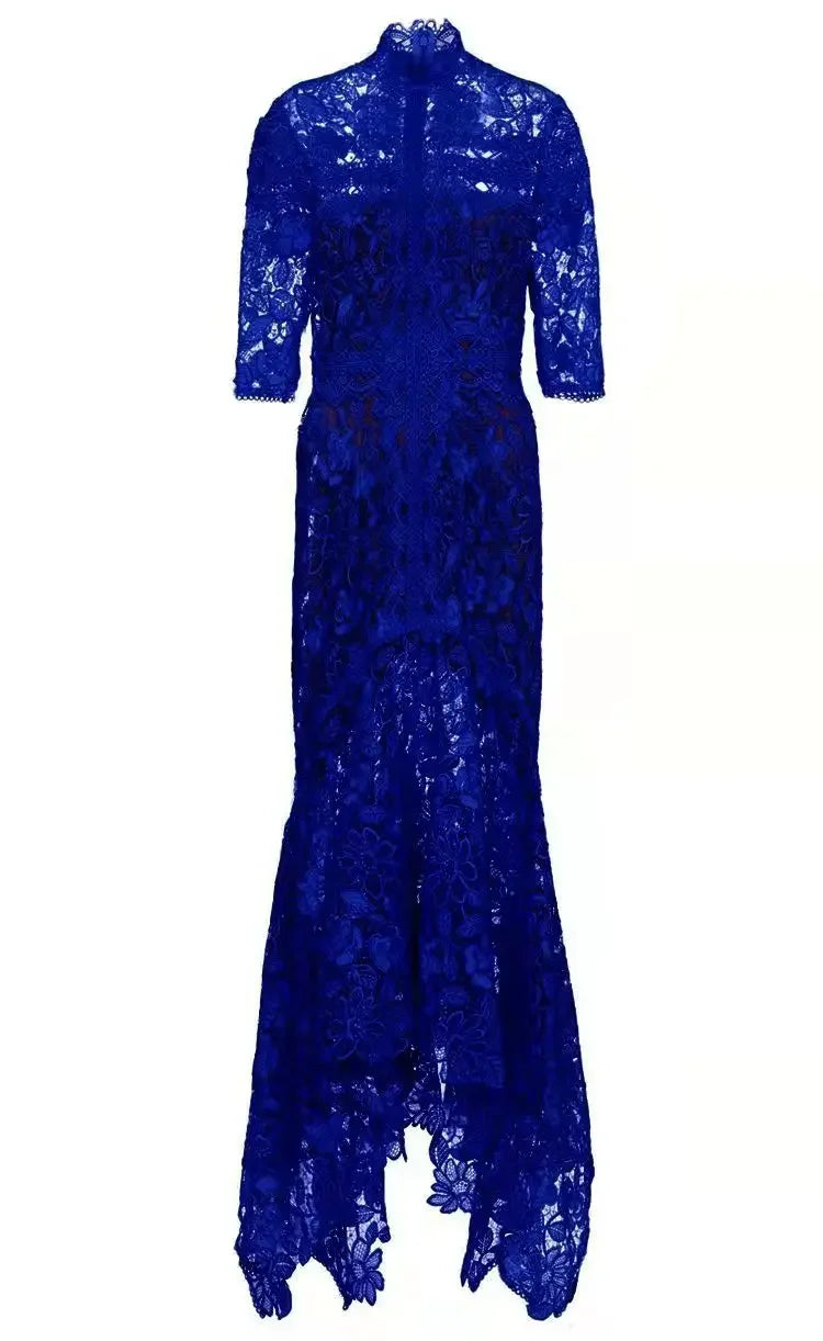 Yujie Light Mature Style Blue Lace Skirt Irregular Dress High Low Style Slim Long Skirt Dress Fashionable Dresses