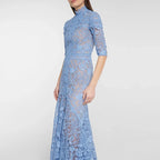 Yujie Light Mature Style Blue Lace Skirt Irregular Dress High Low Style Slim Long Skirt Dress Fashionable Dresses