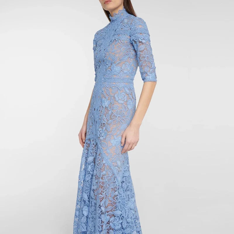 Yujie Light Mature Style Blue Lace Skirt Irregular Dress High Low Style Slim Long Skirt Dress Fashionable Dresses