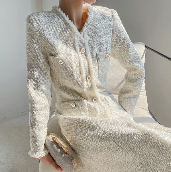 Custom French Elegant Hepburn Style Fishtail Dress Feminine Temperament Autumn and Winter Tea Length Tweed Cream Dress