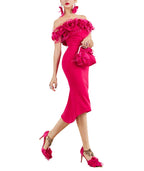 New Fashion One-word Neck Flower and Feather Annual Party Cocktail Dress Off Shoulder High Low Slim Fit Hot Pink Dress