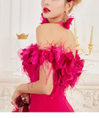 New Fashion One-word Neck Flower and Feather Annual Party Cocktail Dress Off Shoulder High Low Slim Fit Hot Pink Dress