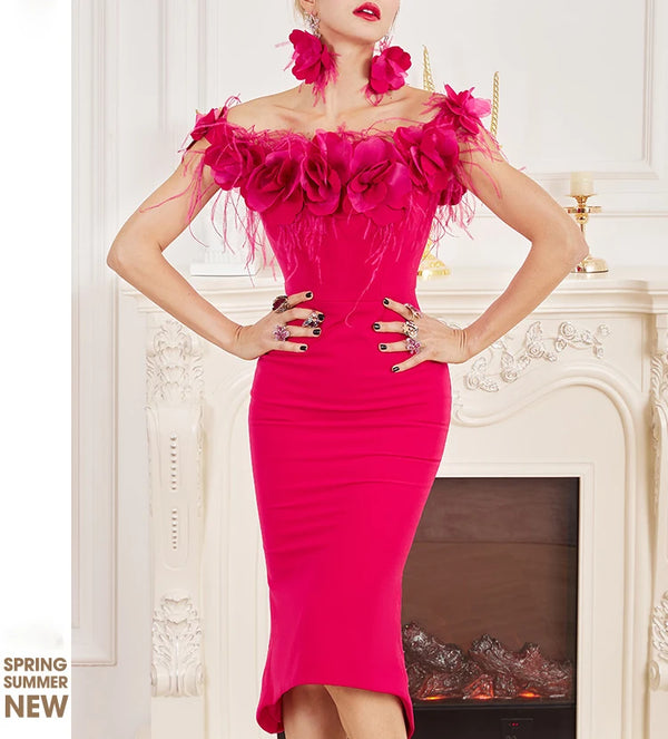 New Fashion One-word Neck Flower and Feather Annual Party Cocktail Dress Off Shoulder High Low Slim Fit Hot Pink Dress