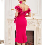 New Fashion One-word Neck Flower and Feather Annual Party Cocktail Dress Off Shoulder High Low Slim Fit Hot Pink Dress