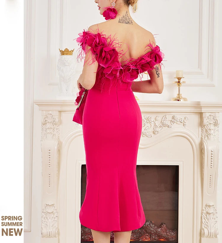 New Fashion One-word Neck Flower and Feather Annual Party Cocktail Dress Off Shoulder High Low Slim Fit Hot Pink Dress