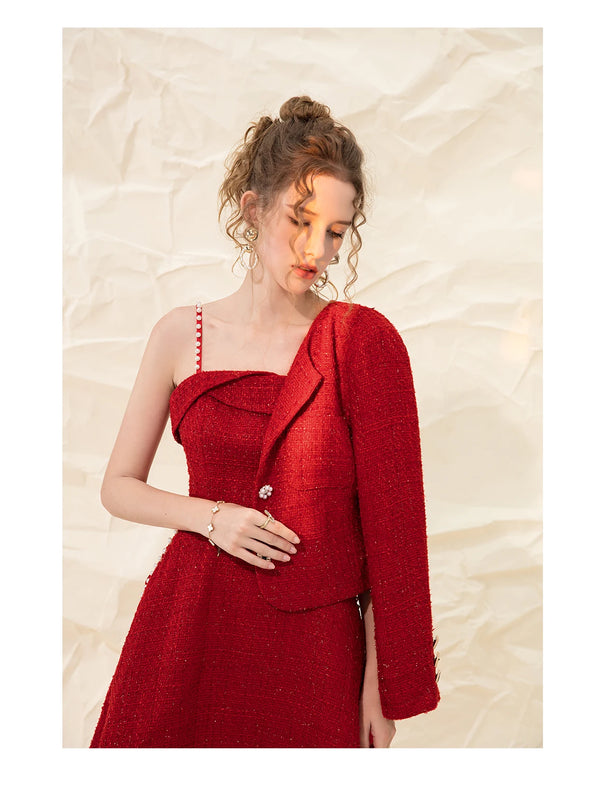 Retro Pearl Sling Tweed Dress Female New Year's Red Suit Swing Dress Dress for Wedding Guest