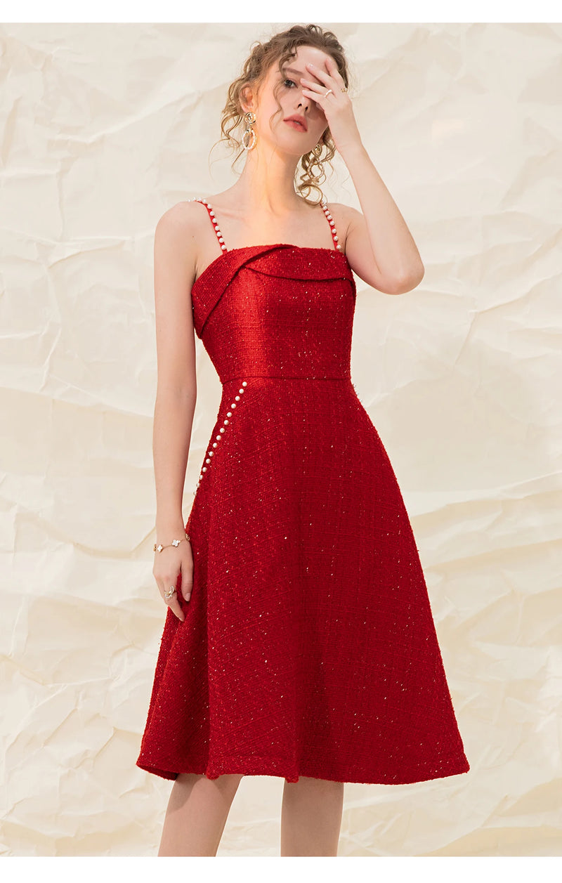 Retro Pearl Sling Tweed Dress Female New Year's Red Suit Swing Dress Dress for Wedding Guest