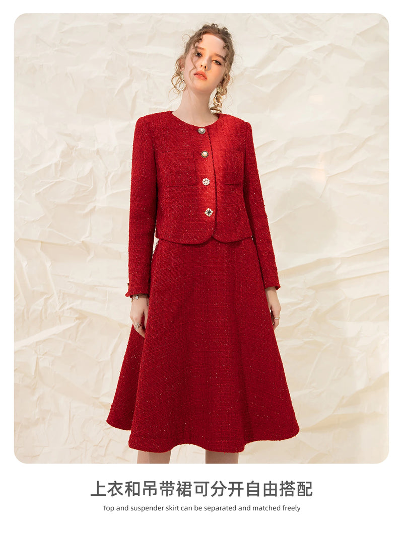 Retro Pearl Sling Tweed Dress Female New Year's Red Suit Swing Dress Dress for Wedding Guest