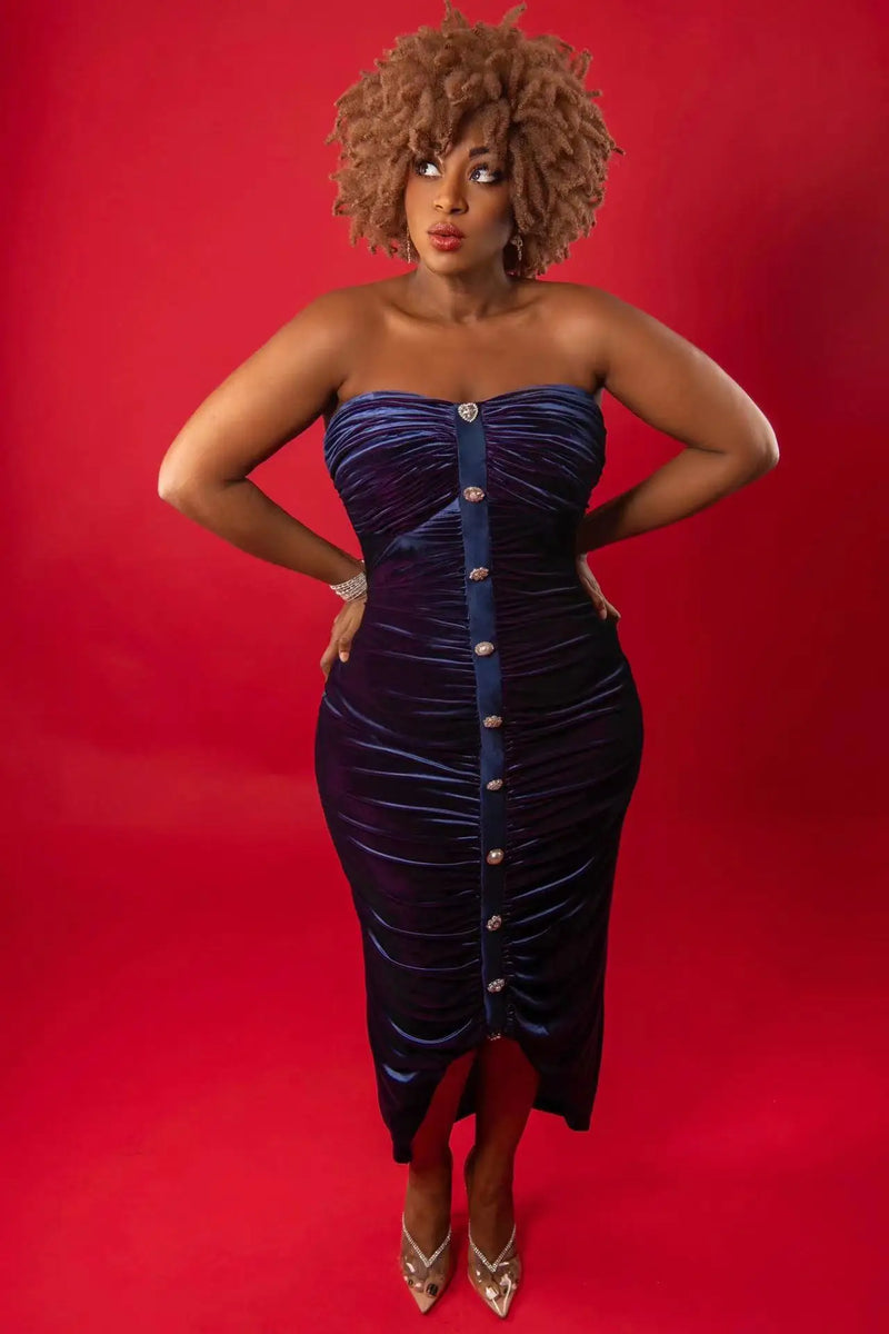 Ruched Two Tone Velvet Elegant Slim Looking Gown Plus Size Ruched Dress Dress Color Navy Pink