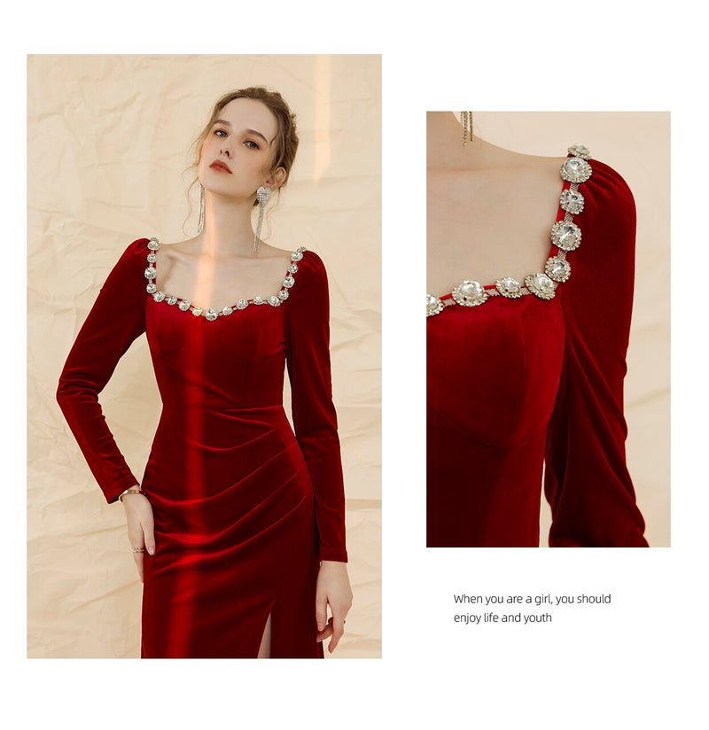 Sweetheart Neck Bride Red Toast Dress High-end Engagement Small Dress Velvet Split Pleated Dress Can Be Worn At Ordinary Times