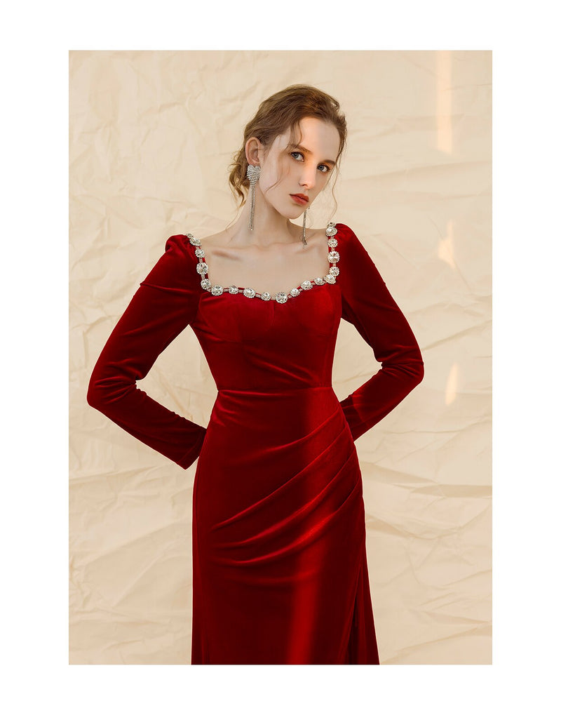 Sweetheart Neck Bride Red Toast Dress High-end Engagement Small Dress Velvet Split Pleated Dress Can Be Worn At Ordinary Times
