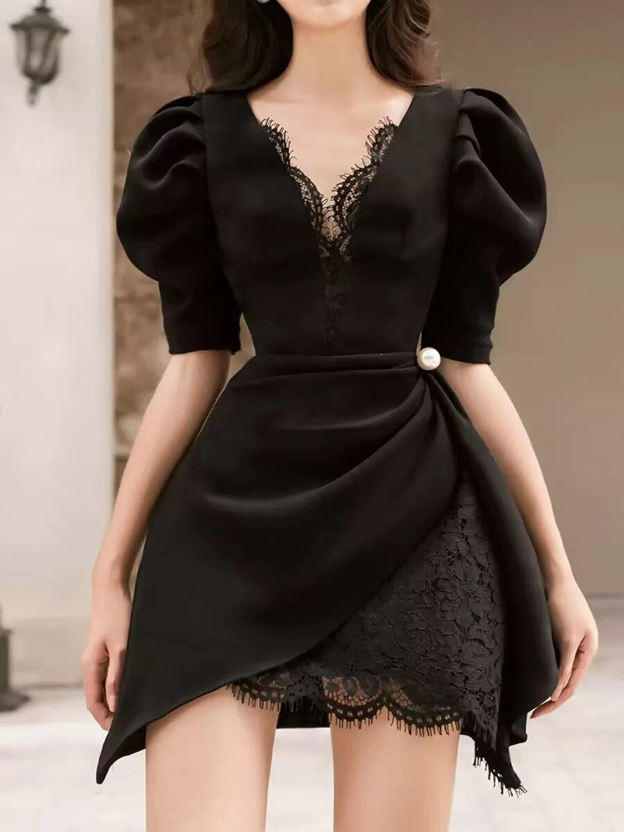 Tailor Shop Little Black Dress Lace Dress Puffy Sleeve Pleat Bottom Dress