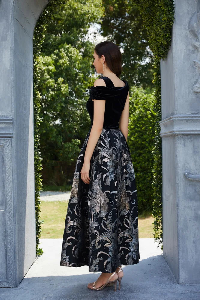 Tailor Shop Modest Navy Blue Mother of The Bridal Dress Velvet Printed Brocade Madrina Boda Wedding Party Dress Cap Sleeve