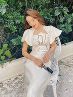 tailor shop Three-dimensional relief flower stitching fashion jacquard slim high waist white dress  formal occasion wear