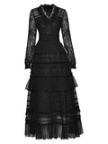 Tailor Shop V-neck Long-sleeved Beaded Lace with Waist Ruffle Cake Skirt Mesh Puffy Dress Little Black Lace Dress