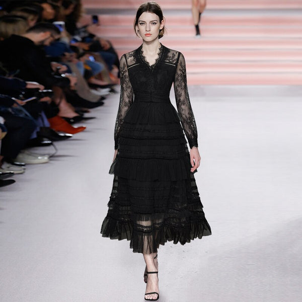 Tailor Shop V-neck Long-sleeved Beaded Lace with Waist Ruffle Cake Skirt Mesh Puffy Dress Little Black Lace Dress