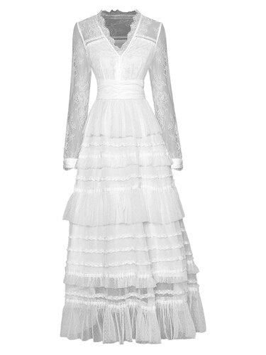 Tailor Shop V-neck Long-sleeved Beaded Lace with Waist Ruffle Cake Skirt Mesh Puffy Dress Little Black Lace Dress
