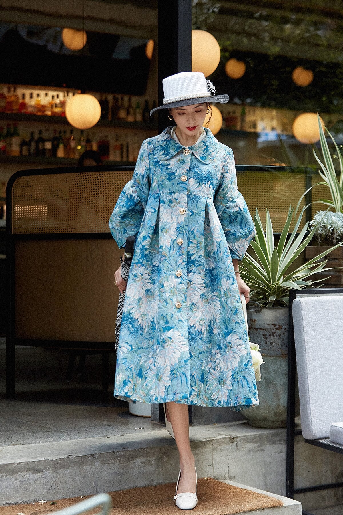 tailor shop custom made big blue floral pattern dress plus size brocade dress vintage style Classical dress coat chrysanthemum