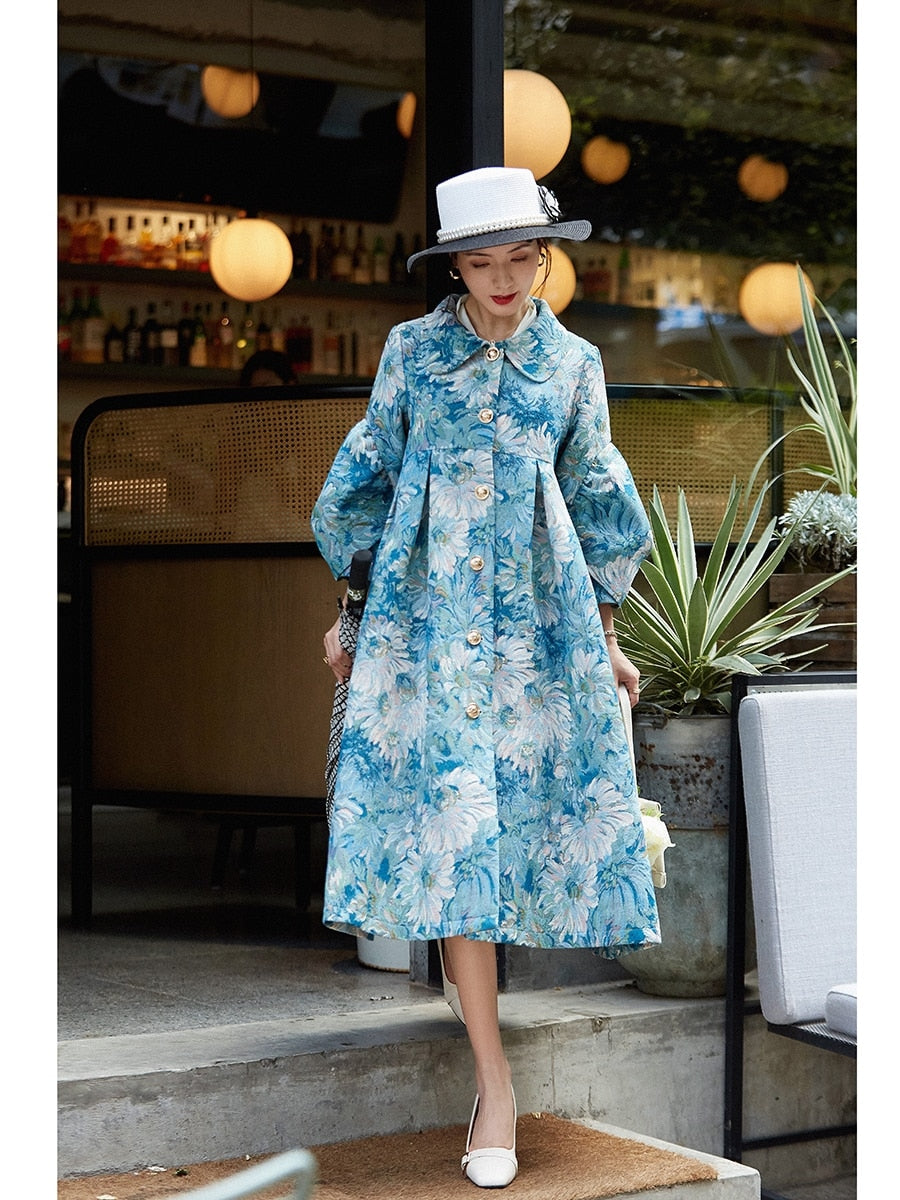 tailor shop custom made big blue floral pattern dress plus size brocade dress vintage style Classical dress coat chrysanthemum