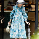 tailor shop custom made big blue floral pattern dress plus size brocade dress vintage style Classical dress coat chrysanthemum