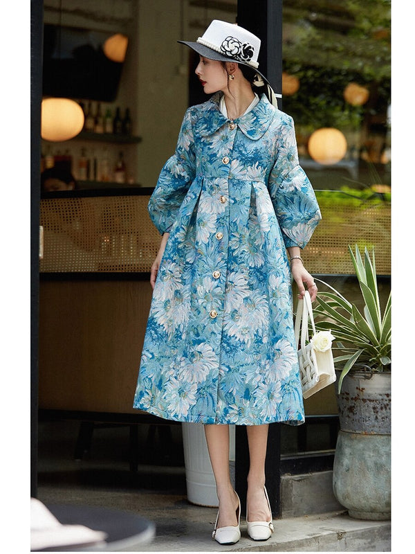 tailor shop custom made big blue floral pattern dress plus size brocade dress vintage style Classical dress coat chrysanthemum