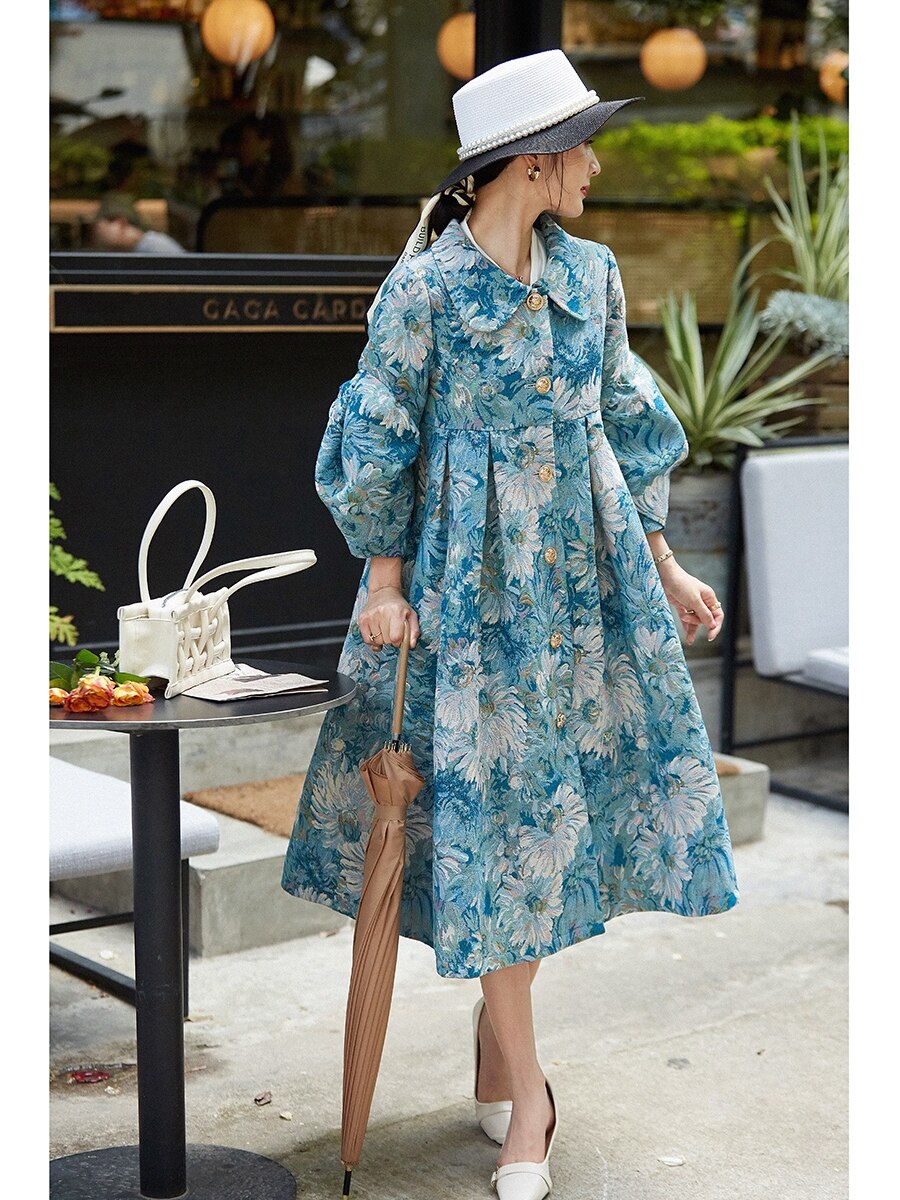 tailor shop custom made big blue floral pattern dress plus size brocade dress vintage style Classical dress coat chrysanthemum