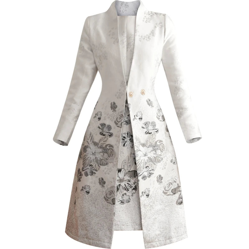 Tailor Shop Custom Made Grey Lightlower Jacquard Weaving Temperament Brocade Long Coat  Mother of The Bride Outfit for Weddings