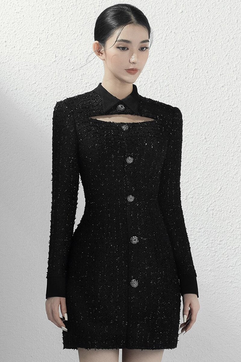 Tailor Shop Little Black  Dress Female Light Luxury Dress Semi-Formal Dresses Princess Dress Black Keyhole Tweed Dress
