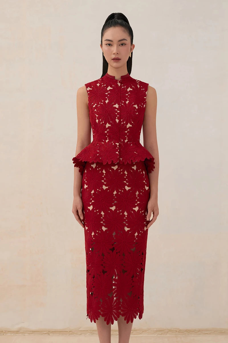 Tailor Shop Red Chrysanthemum Lace Top Skirt Female Light Luxury Semi-Formal Princess Outfit  Peplum Top