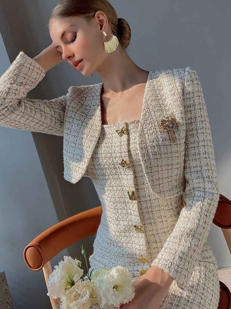 Tailor Shop Tweed Crop Jacket with Temperament Square Neck Dress Short Coat Two-piece Suit Female Autumn
