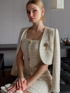 Tailor Shop Tweed Crop Jacket with Temperament Square Neck Dress Short Coat Two-piece Suit Female Autumn