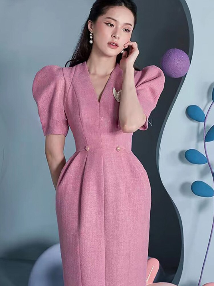 v-neck puffy shoulder slim fit tweed pink dress autumn tea length dress