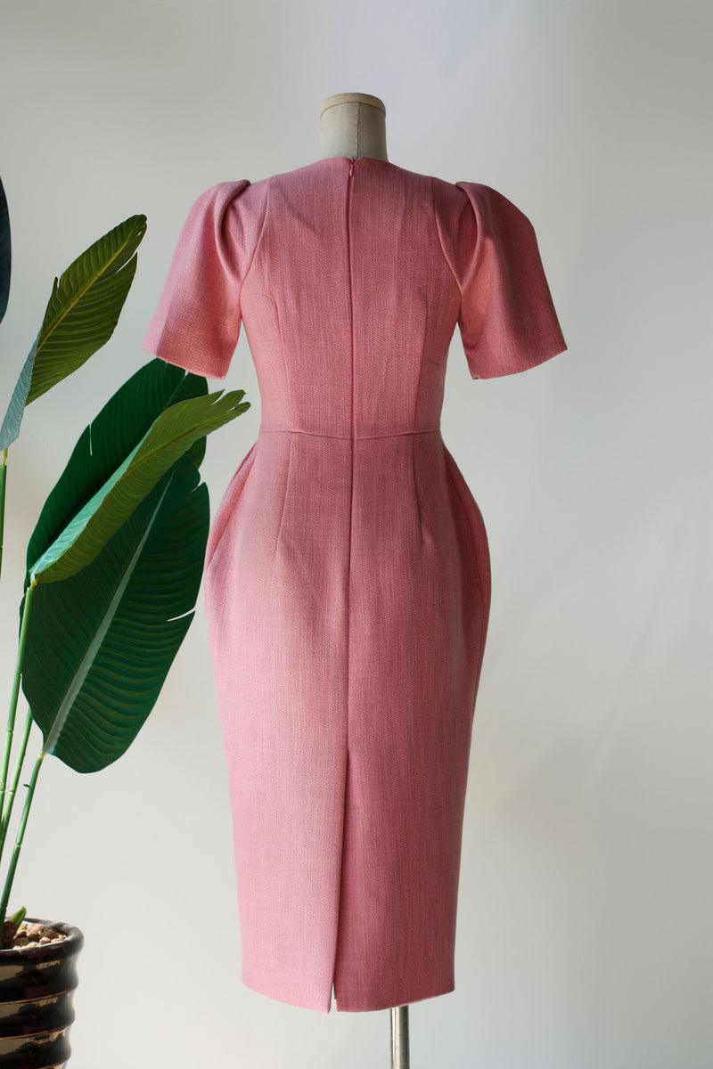 v-neck puffy shoulder slim fit tweed pink dress autumn tea length dress