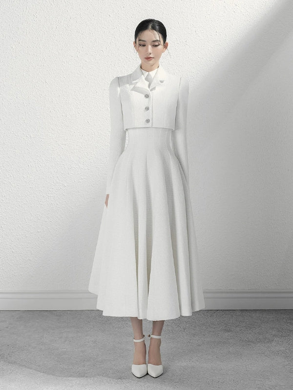 White Long-sleeved Suit Dress Designer Crop Jacket with Big Swing Dress Formal Dress Women Wedding Guest