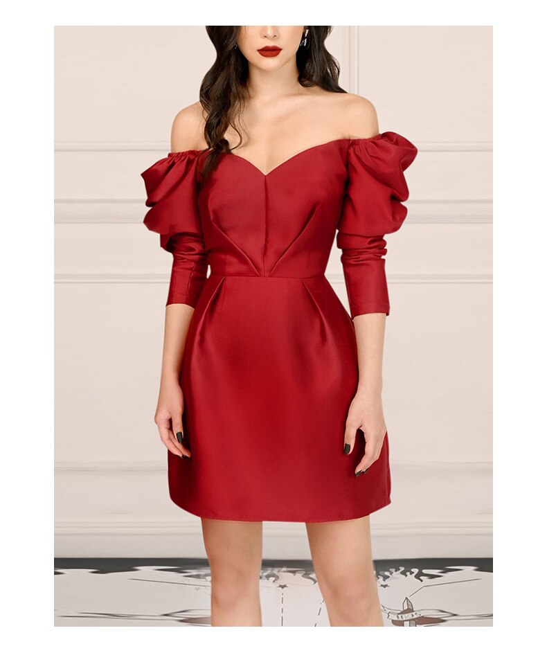 Dresses Natal Year Red Women's Fashion New Retro Puff Sleeve Design Sense Waist Celebrity Temperament Small Dress Dress  Dress