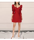 Dresses Natal Year Red Women's Fashion New Retro Puff Sleeve Design Sense Waist Celebrity Temperament Small Dress Dress  Dress