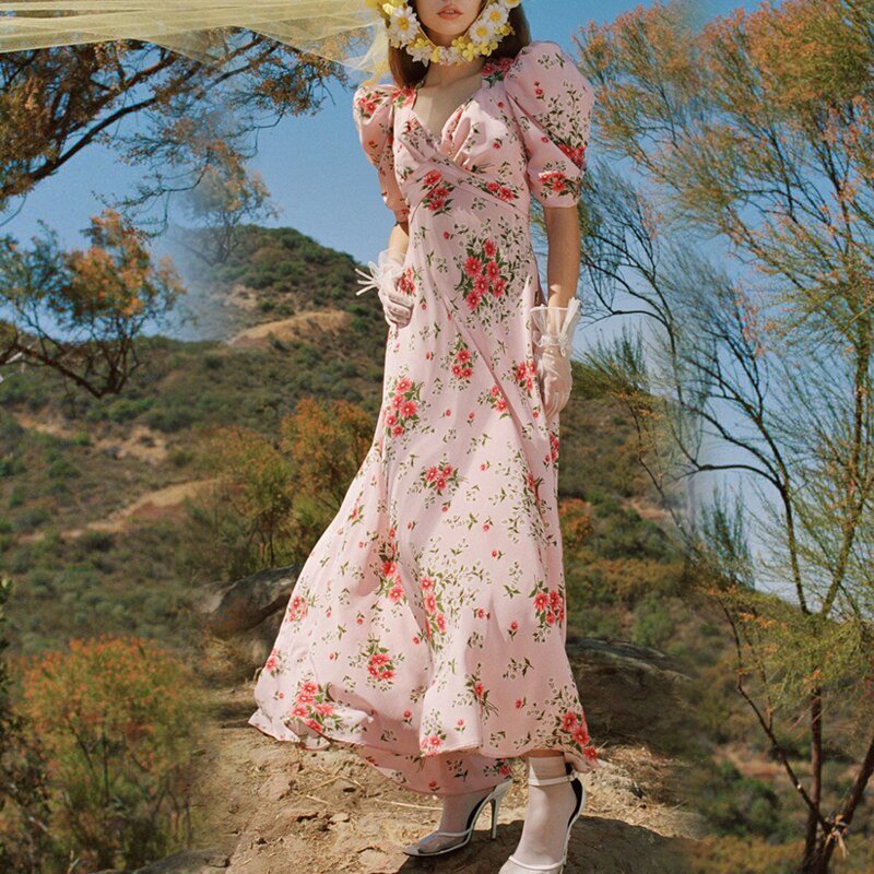Fried Street French Small Floral Dress Artistic Skirt Niche Surprise Skirt Print Long Skirt  Dress  Dress