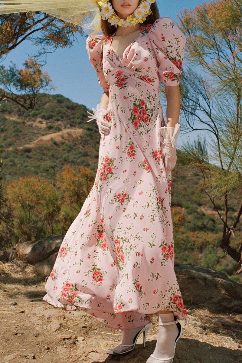 Fried Street French Small Floral Dress Artistic Skirt Niche Surprise Skirt Print Long Skirt  Dress  Dress