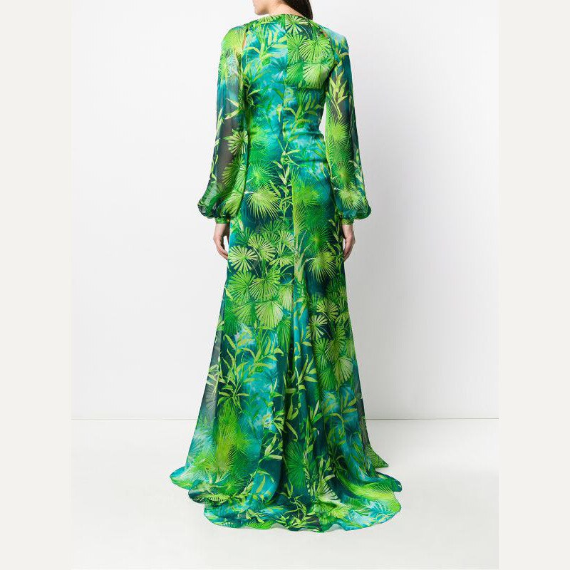 Long Green Printed Deep V-neck Dress Jewelry Buckle Banquet Dress Summer Impreso Saten Floral Formal Bridal Party Beach