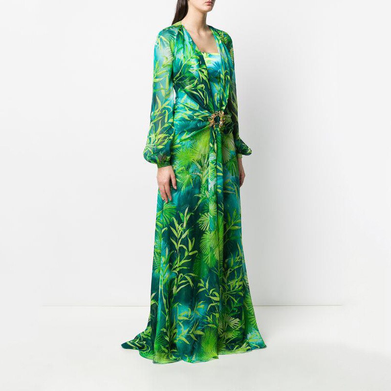 Long Green Printed Deep V-neck Dress Jewelry Buckle Banquet Dress Summer Impreso Saten Floral Formal Bridal Party Beach