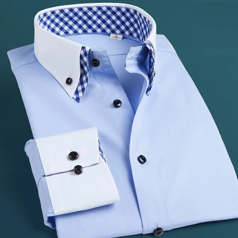 Men's White Shirt Long Sleeve Korean Double Collar Shirt Slim Men's Pure Cotton